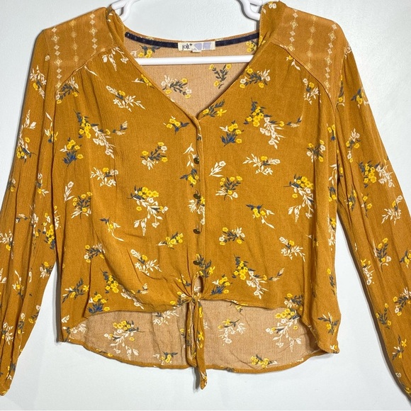 Jolt Women's Blouse L Mustard Yellow Hi Low Floral Vneck Front Tie Long Sleeve - Picture 2 of 14
